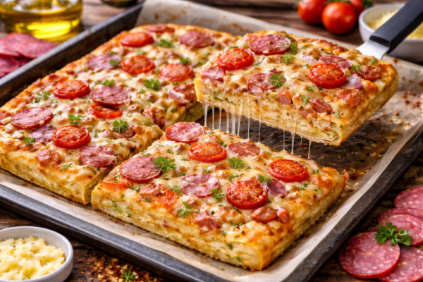 Быстрая запеканка-пицца на противне: тесто-пятиминутка на молоке и начинка по желанию &mdash; просто смешали и в духовку