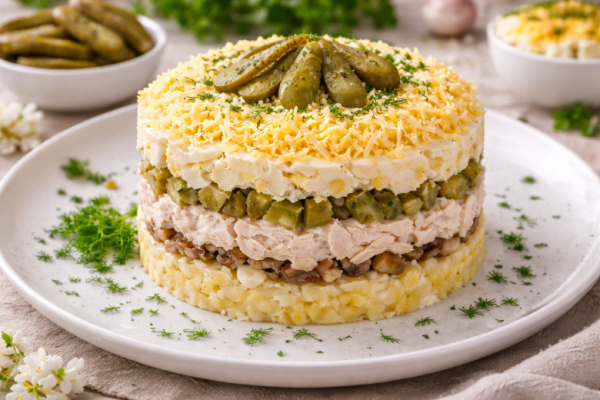 Понравился всем больше оливье: слоеный куриный салат &laquo;Ряба&raquo; с грибами и картошкой