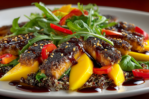 Настоящий шеф-рецепт: изысканный салат с копченым угрем. Хрустящее киноа, сочное манго и пикантный тамариндовый соус